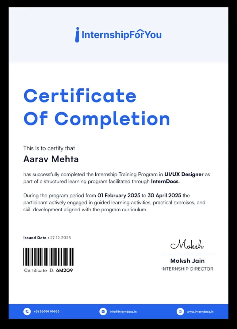 Internship completion certificate sample from InternshipForYou